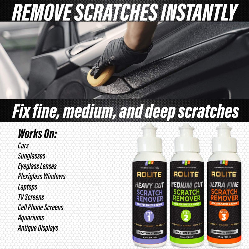 Rolite 3 Step Scratch Removal System for Clear Plastic and Acrylic Surfaces - Heavy Cut, Medium Cut and Ultra Fine Combo Set Removes Scratch and Swirl Marks, 3 - 4 Ounce Bottles - Image 2